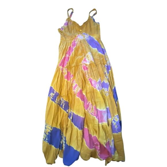 SOL Boho Tie Dye Maxi Dress Mustard Pink Purple Cotton Crochet Trim Size L - Picture 1 of 5
